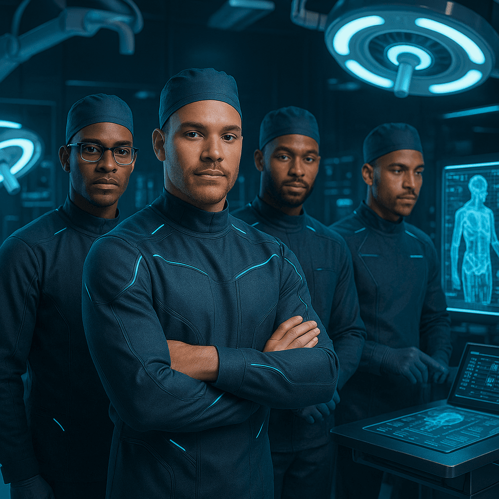 A team of professionals in a futuristic medical environment